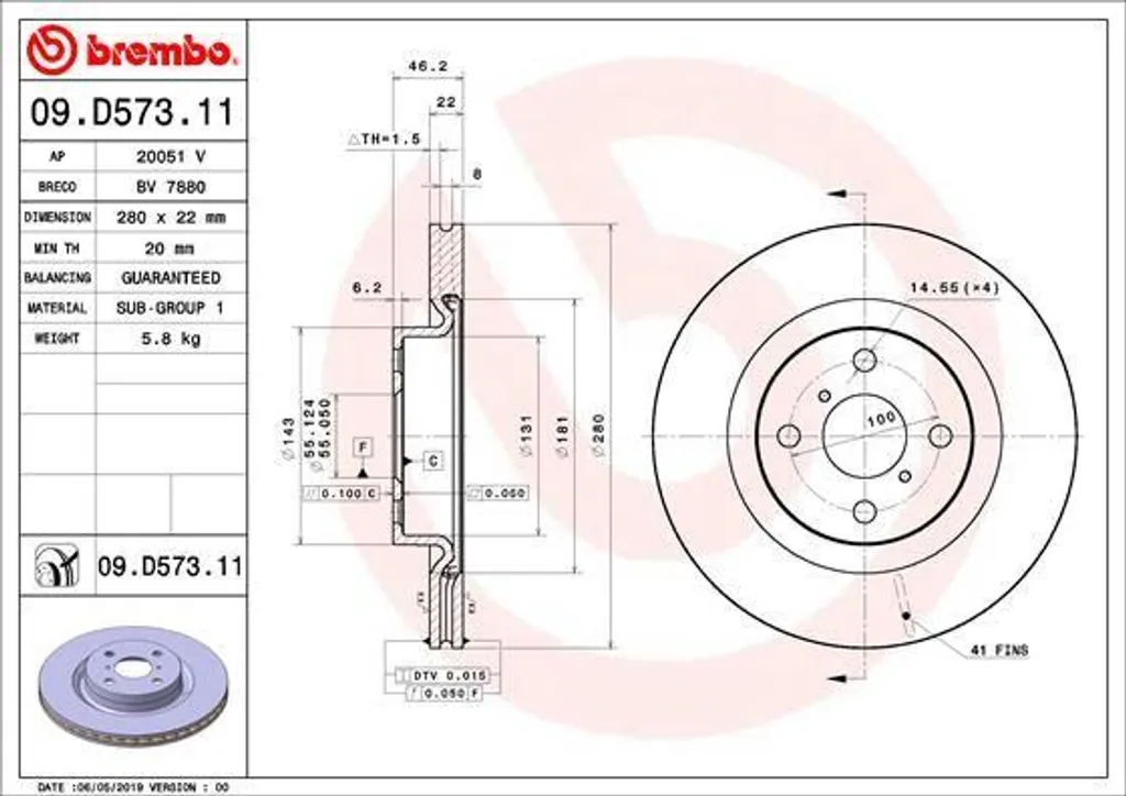 Disque de frein Brembo 09.D573.11 pour Toyota Yaris P13 OE 435120D210