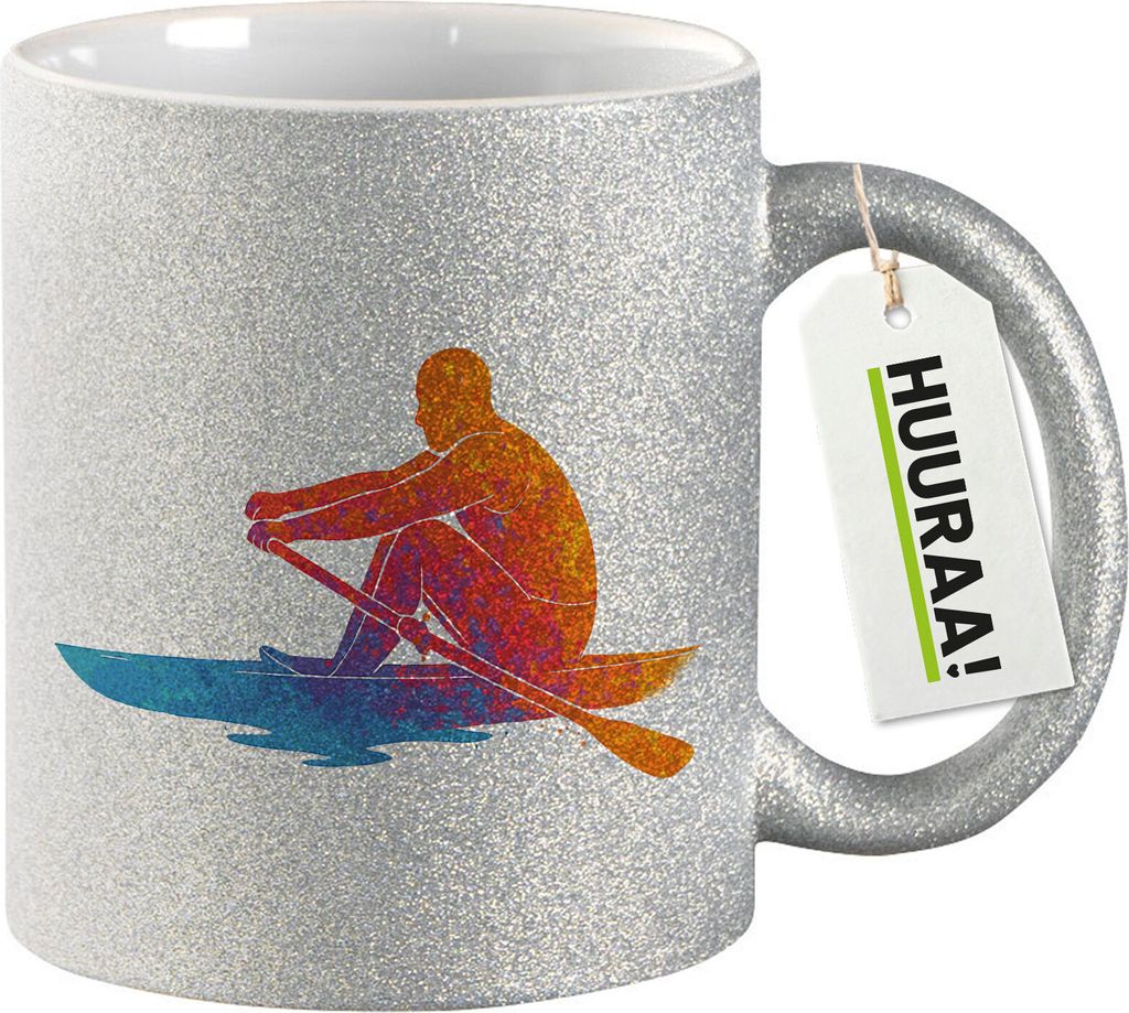 Huuraa Glitzertasse Rudern bunte Silhouette 330ml Silber Keramik Kaffeebecher Geschenkidee