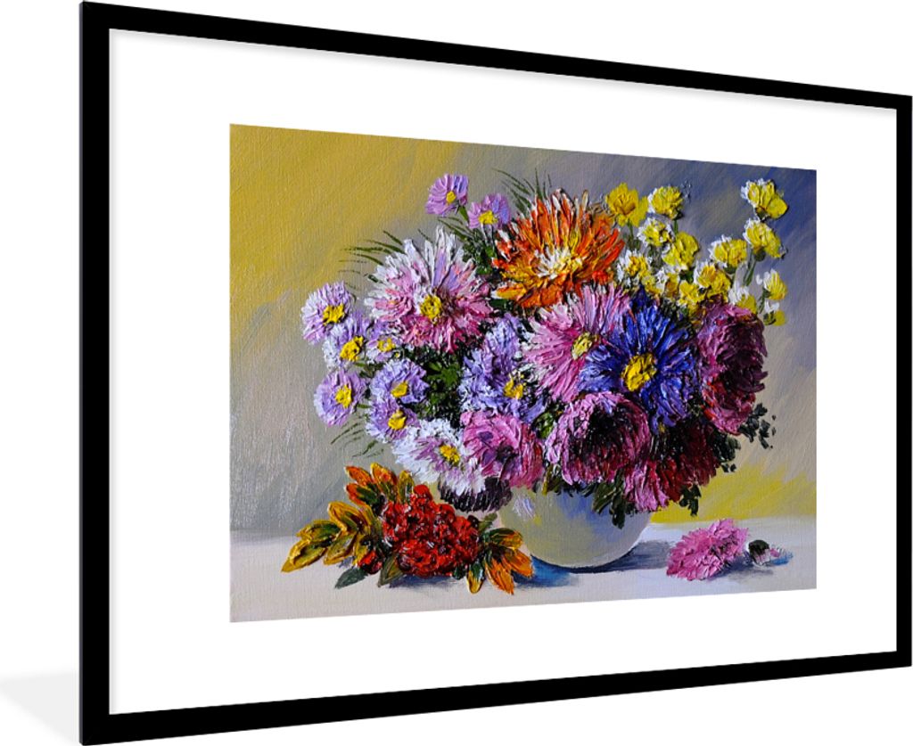 MuchoWow Gerahmtes Poster Ölfarbe - Blumen - Stillleben 90x60 cm - Poster mit Schwarzem Bilderrahmen Wandposter Rahmen Foto Bilder - Wanddekorat...