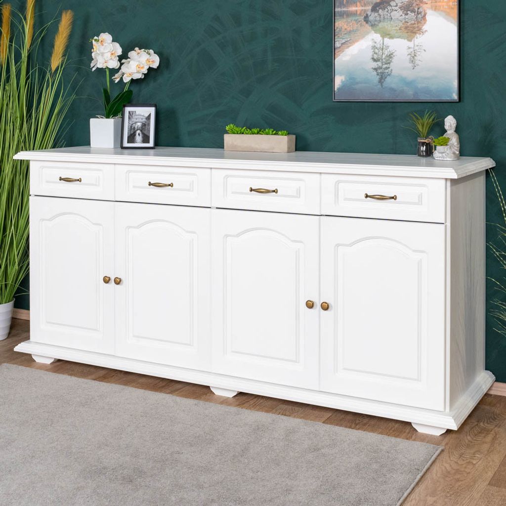 Kommode Kiefer massiv Vollholz weiß lackiert Pipilo 15 - Abmessung: 88 x 182 x 54 cm (H x B x T)