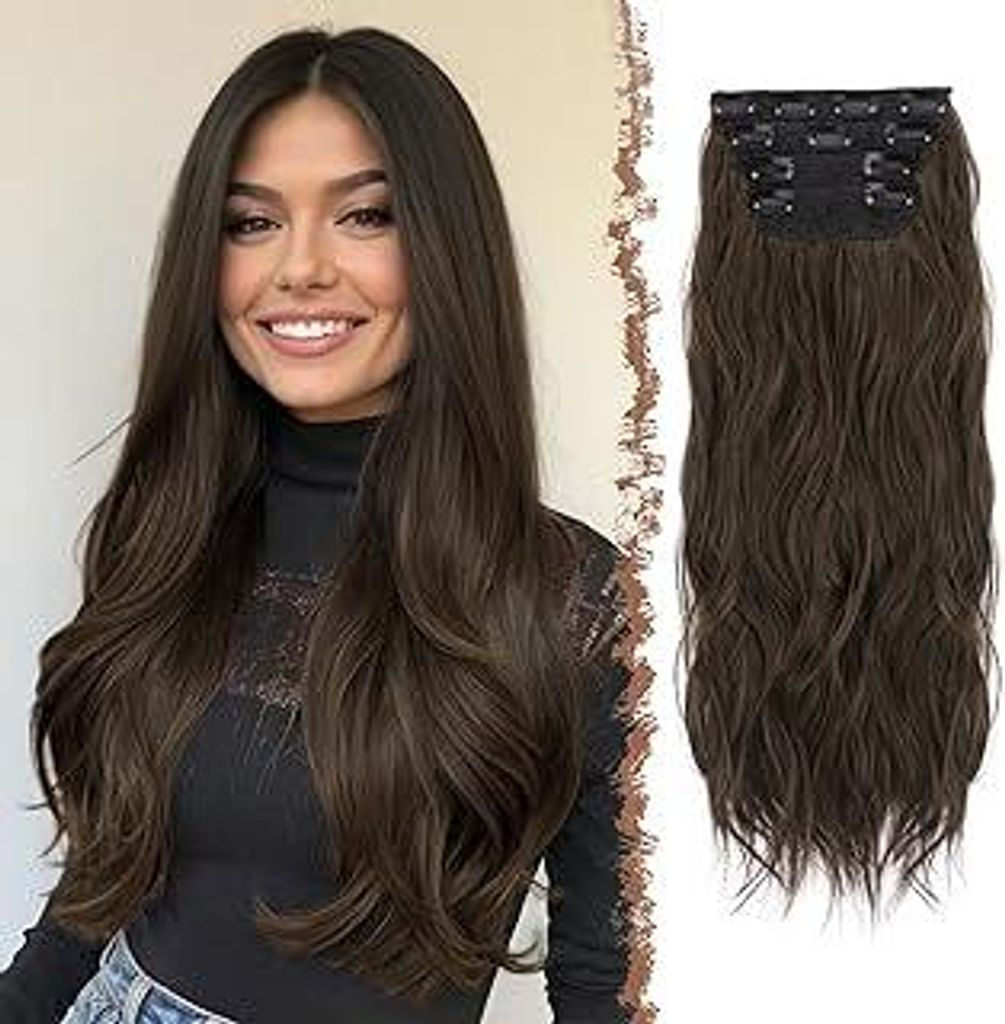 FESHFEN Clip in Extensions, 50cm 4 Stücke Lange Gewellte Hair Extensions Kunsthaar Natürliche 4PCs Synthetik Clip in Haarverlängerung für Fraue...