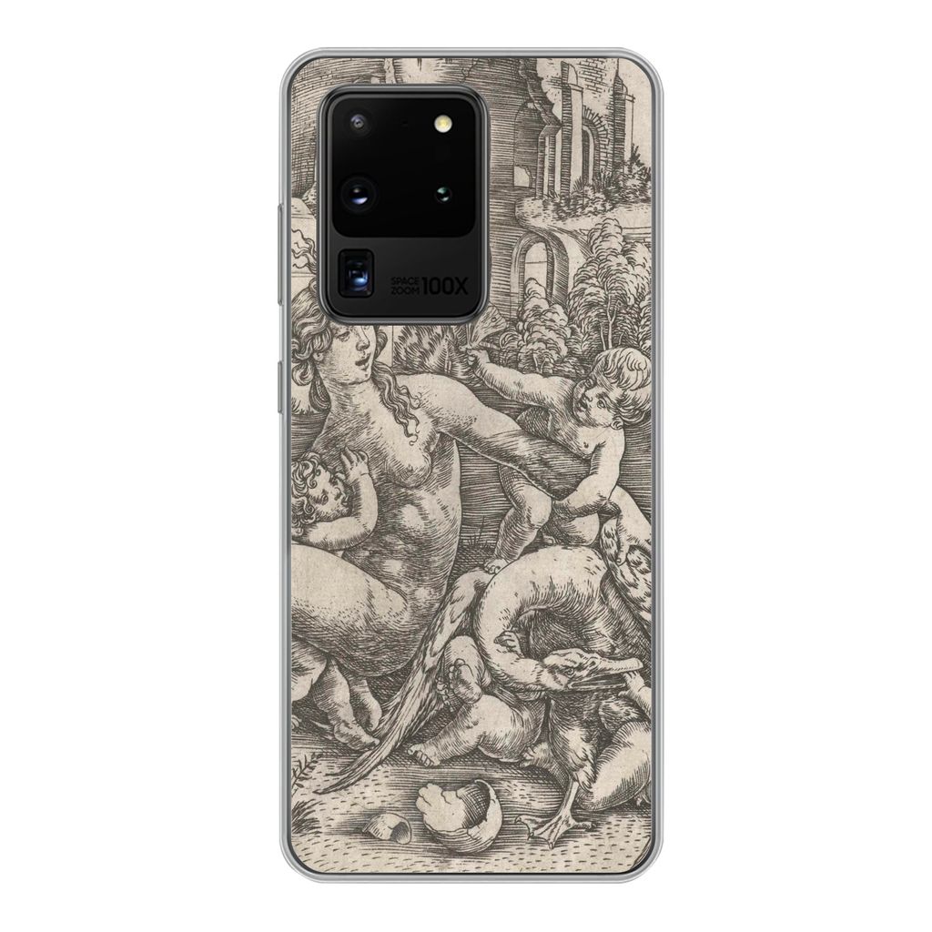 MuchoWow Handyhülle Schutzhülle Hülle für Samsung Galaxy S20 Ultra Leda und der Schwan mit ihren vier Kindern - Gemälde von Meister IB mit d...