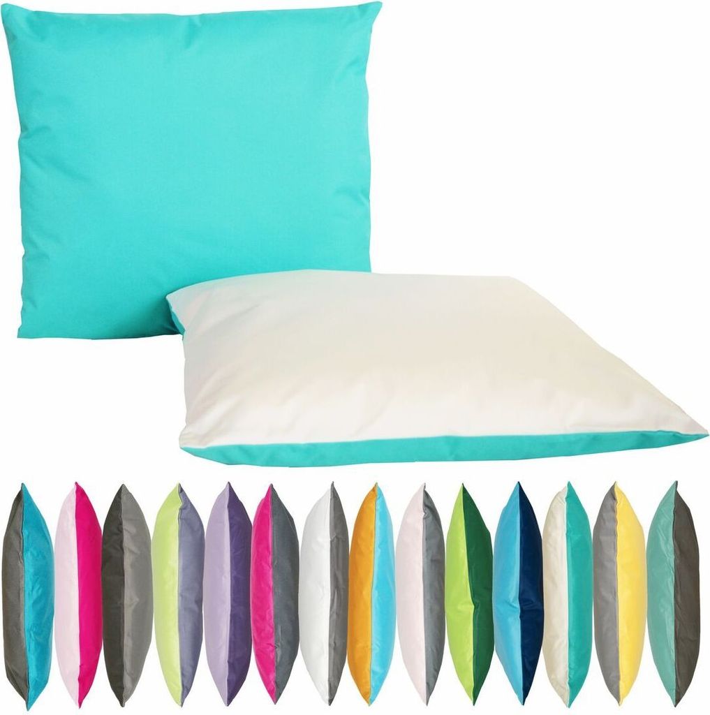 JACK 2-farbiges Wende Outdoor Lounge Kissen 45x45cm Dekokissen inkl. Füllung Wasserfest Sitzkissen Garten Stuhl Lotus Effekt, Farbe:Aqua - Elfenbein