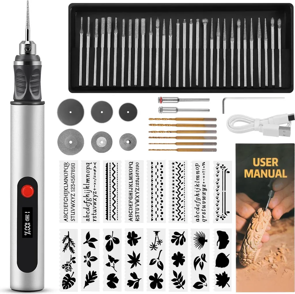 Stylo graveur électrique USB en argent avec 16 gabarits de précision