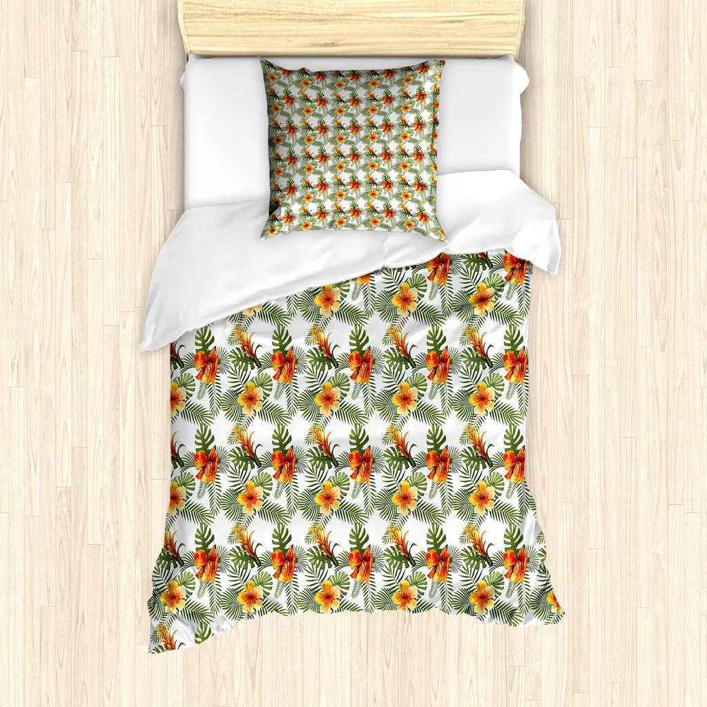 ABAKUHAUS Set copripiumino per letto singolo, foglie di palma con motivi floreali semplici, antiacaro, adatto a chi soffre di allergie, con federa, 135 cm x 200 cm - 80 x 80 cm, verde oliva e arancione
