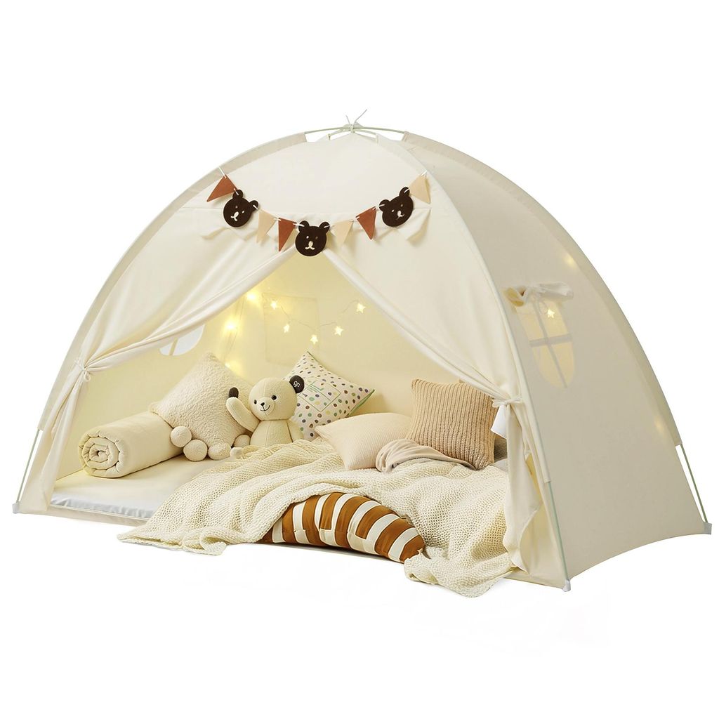 YEERSWAG Full Bettzelt Kinderbett Baldachin Spielzelt mit Sternenlicht & Wimpeln Indoor Schlafzelt Privatsphäre 196×140×132m, Beige