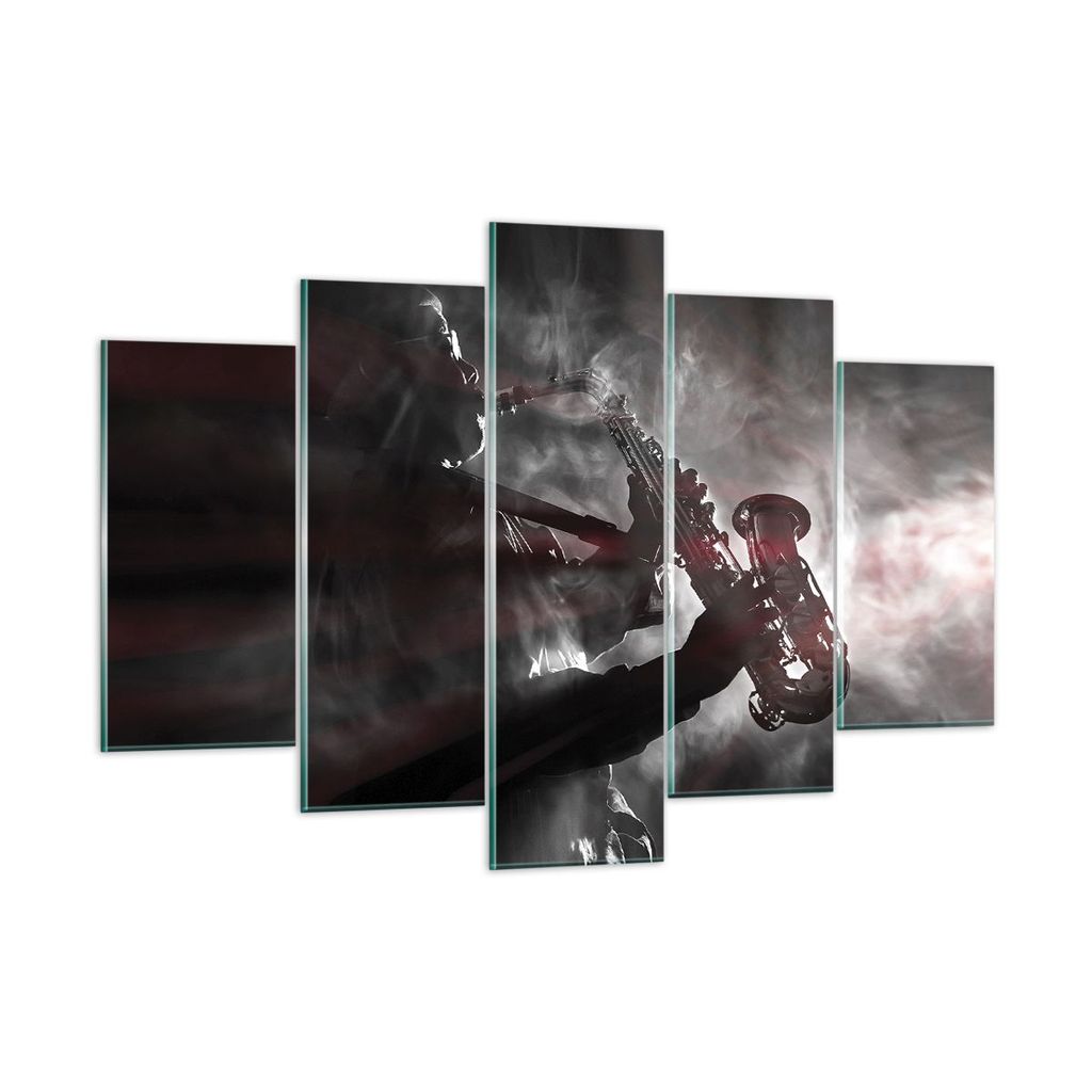 Bilder auf glas - 5 Teile - Musiker Saxophonist Schwarz - 150x100cm - Glasbilder - Wandbilder - Bilder - Wanddekoration aus Glas - Glas Bilder - Wa...