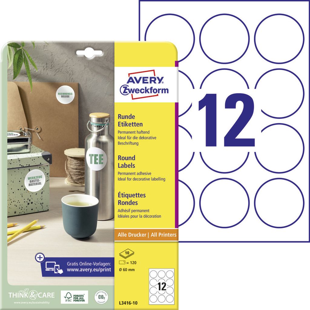 Avery Zweckform L3416-10 Runde Etiketten, A4, Ø 60 mm, weiß Produktbild 