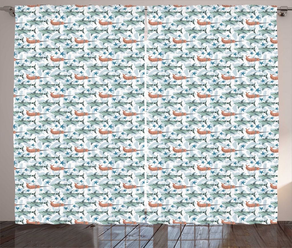 ABAKUHAUS Unterwasser- Rustikaler Vorhang, Sea Sharks und Narwale, Wohnzimmer Universalband Gardinen mit Schlaufen und Haken, 280 x 225 cm, Coral u...