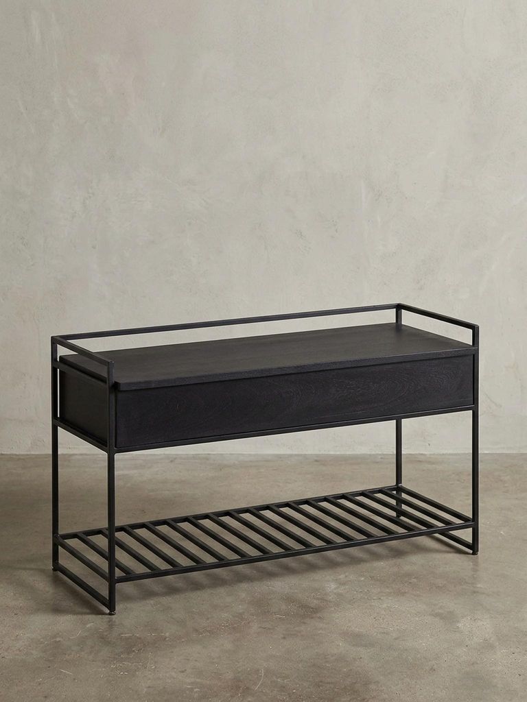 Flurbank "Sillaro": Holz-Metall-Mix, hochklappbare Sitzfläche, Schuh-Aufbewahrung, 200 kg Belastung. Schwarz, 90x38x52 cm | Kadima Design