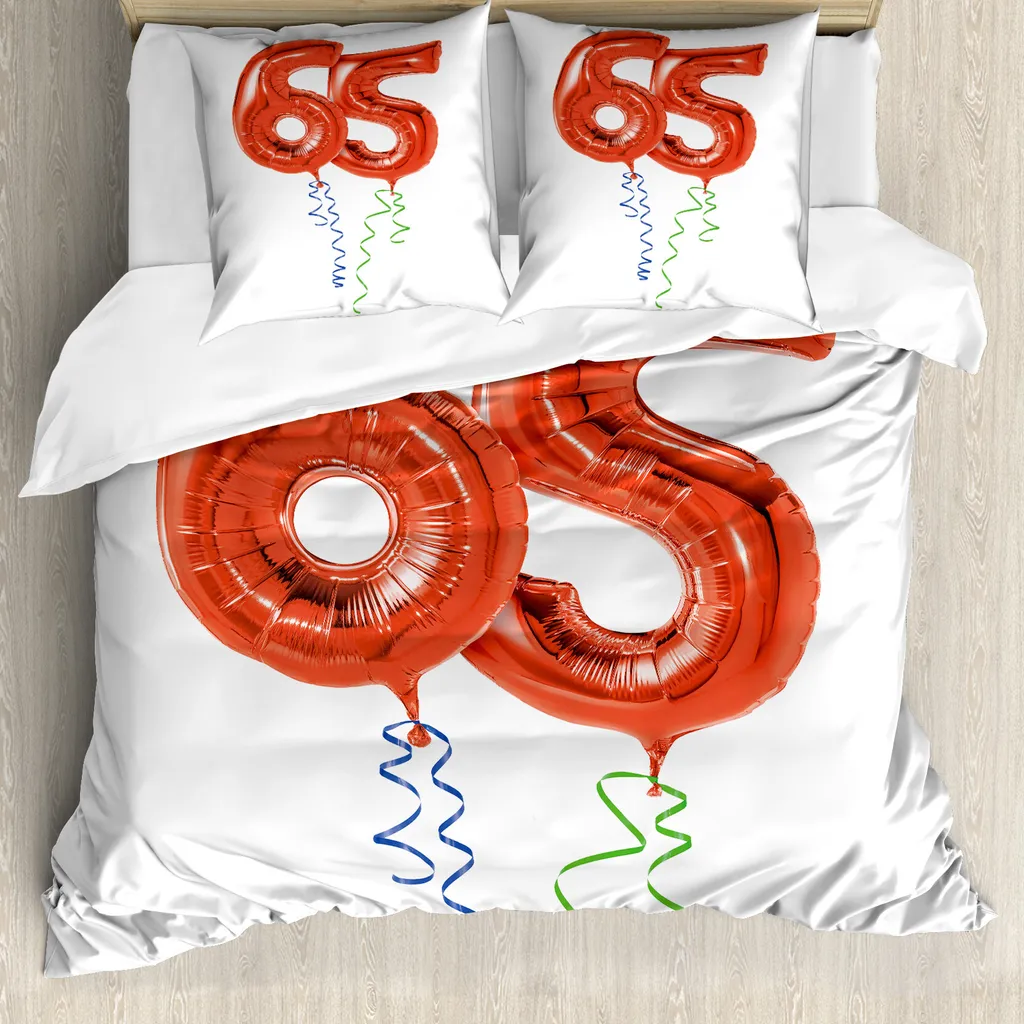 ABAKUHAUS 65° compleanno Copripiumino, palloncini divertenti, antiacaro, adatto a chi soffre di allergie, con federe, 155 cm x 220 cm - 80 x 80 cm, rosso verde blu