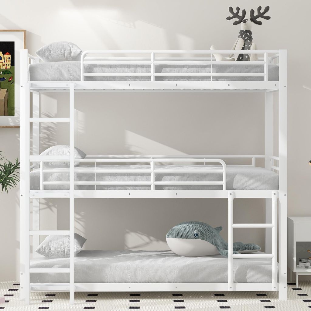 okwish Etagenbett Metallbett 90x200cm mit Lattenrost, Hochbett mit Rausfallschutz, Stockbett Kinderbett Jugendbett für 3 Kinder, Weiß