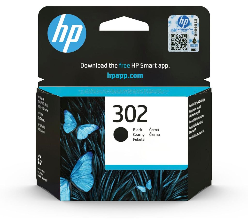 The image shows the packaging of an HP 302 black ink cartridge.
