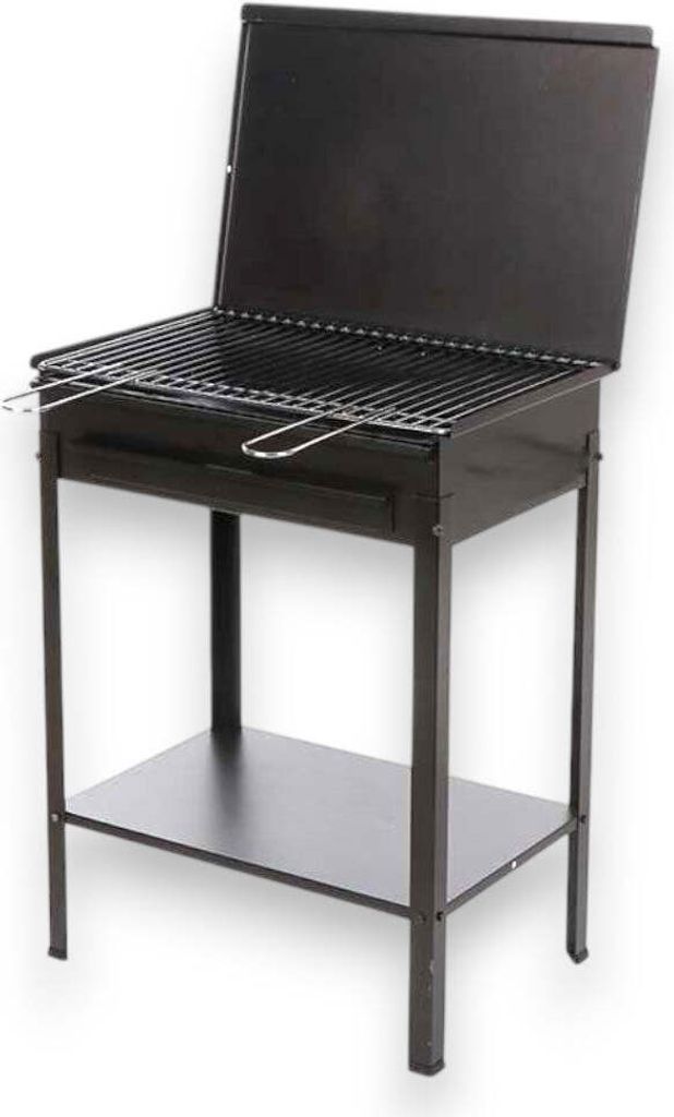 Schwarzer Stahl-Holzkohlegrill mit verchromtem Grillrost und herausnehmbarer Ascheschublade