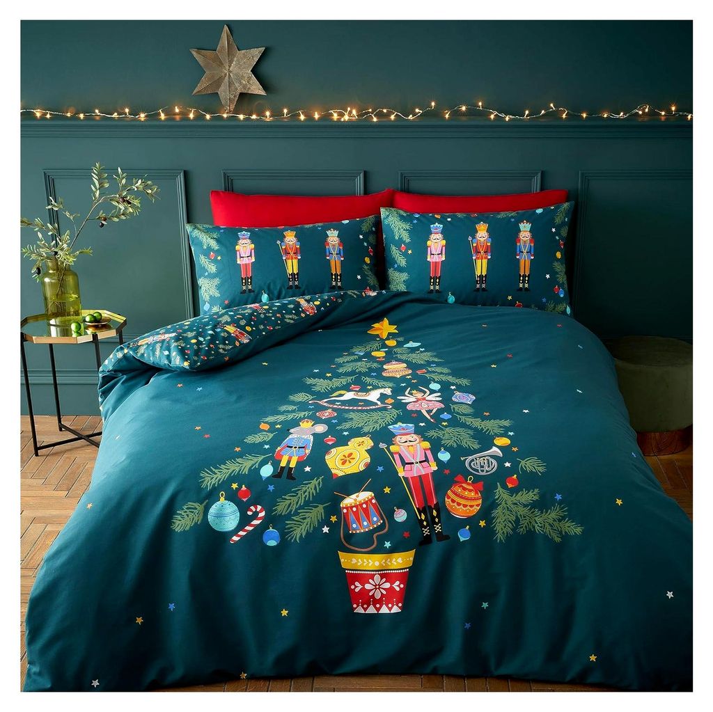 Weihnachtliches Nussknacker-Bettwäsche-Set mit Kissenbezug, wendbar, für Einzelbett, Grün