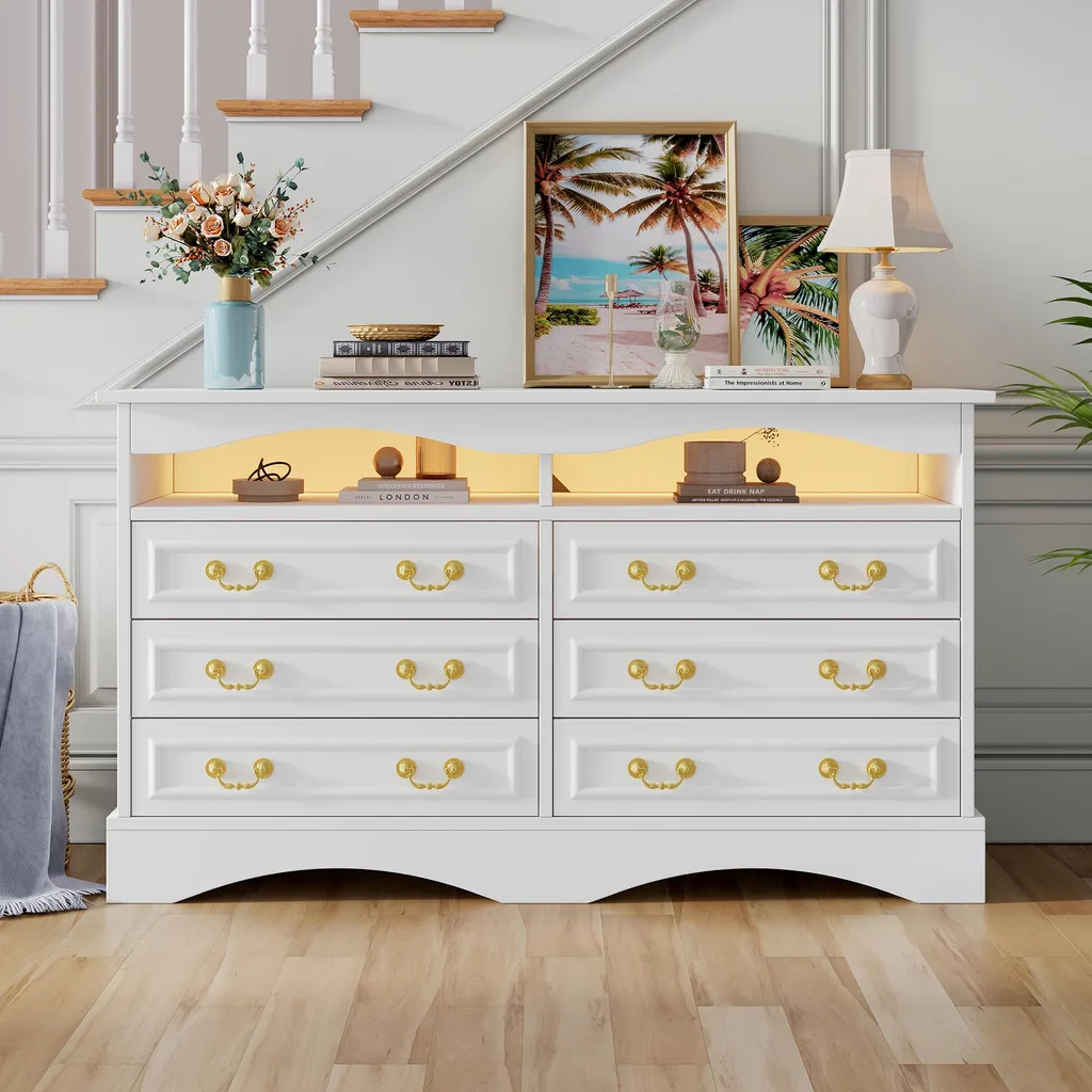 Fortuna Lai Commode Blanche 120cm à 6 Compartiments et Éclairage LED