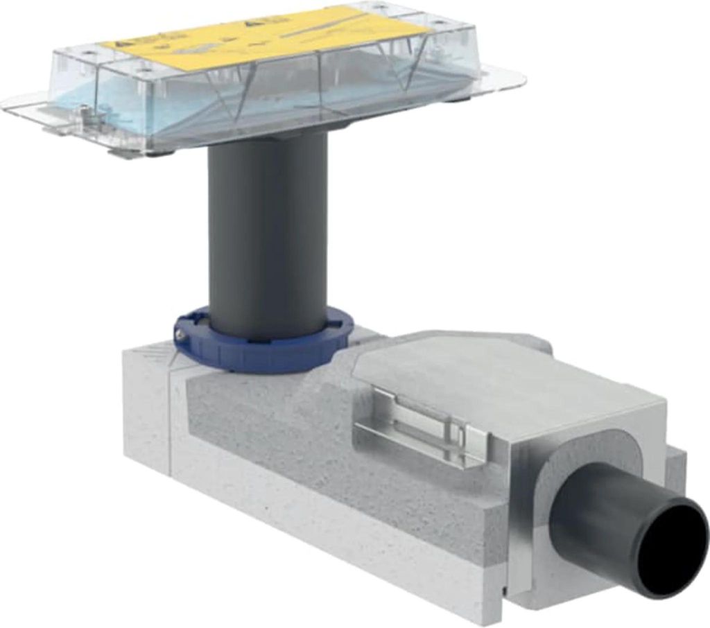 A cutaway view of a plumbing component, likely a drain assembly, showing its internal structure and how it connects to pipes.