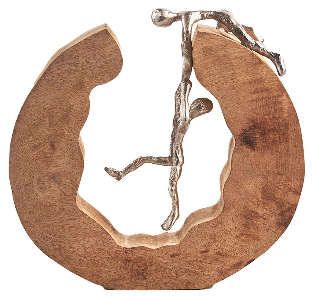 A decorative sculpture of two figures interacting with a wooden frame.