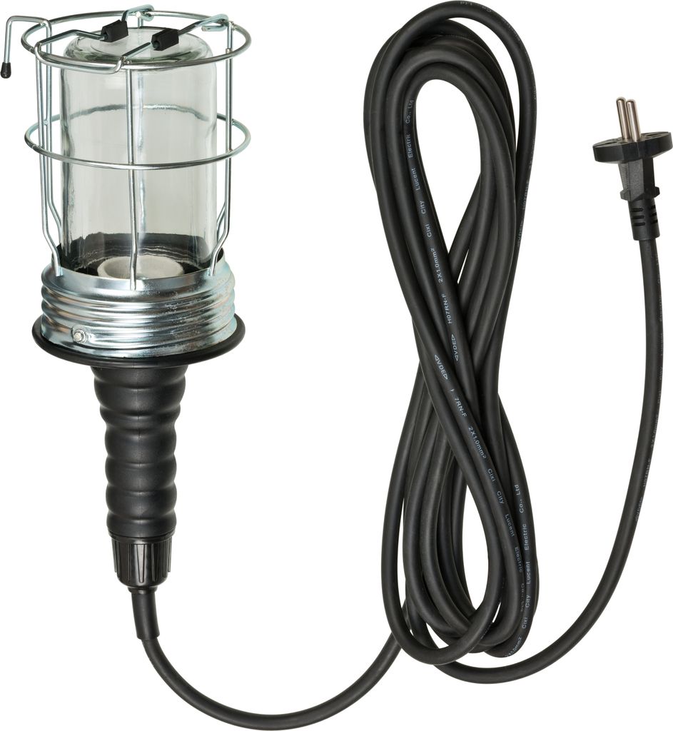 A workshop lamp with a protective cage and a long power cord, presented against a white background.
