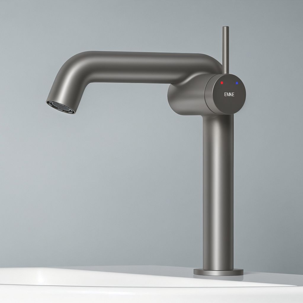 A minimalist faucet on a light gray background.