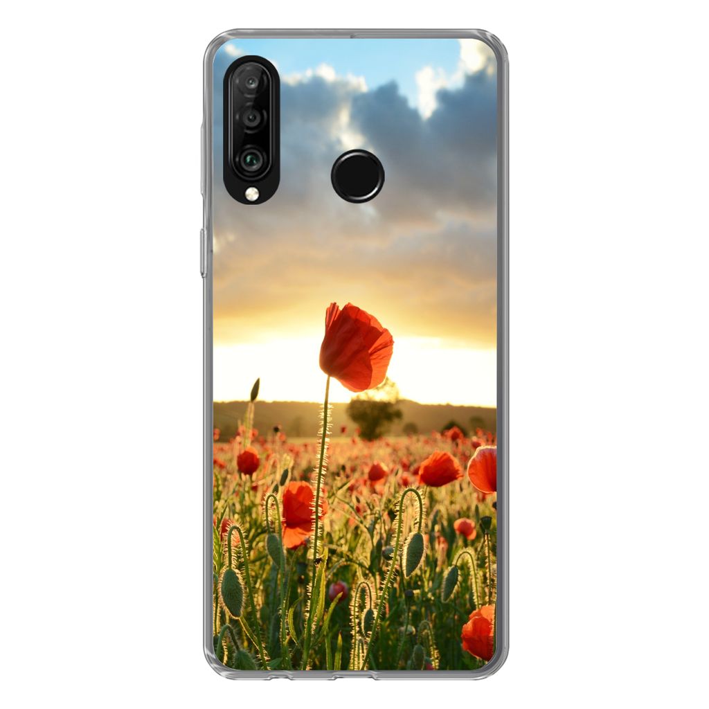 MuchoWow Handyhülle Schutzhülle Hülle für Huawei P30 Lite Bunter Himmel über vielen Mohnblumen Silikon Softcase Handy Hülle - Handyhülle