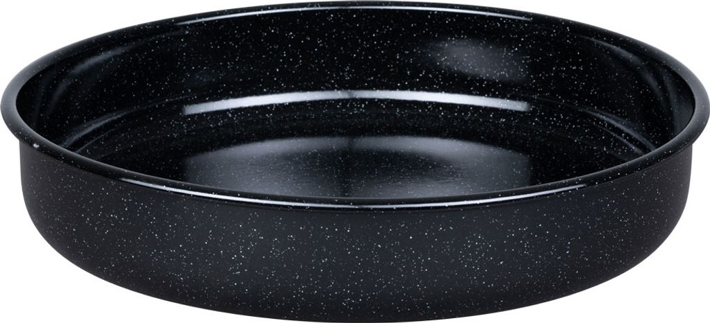 A black baking pan with white speckles.