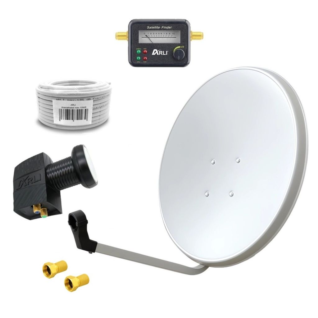 A collection of satellite dish components arranged on a white background.