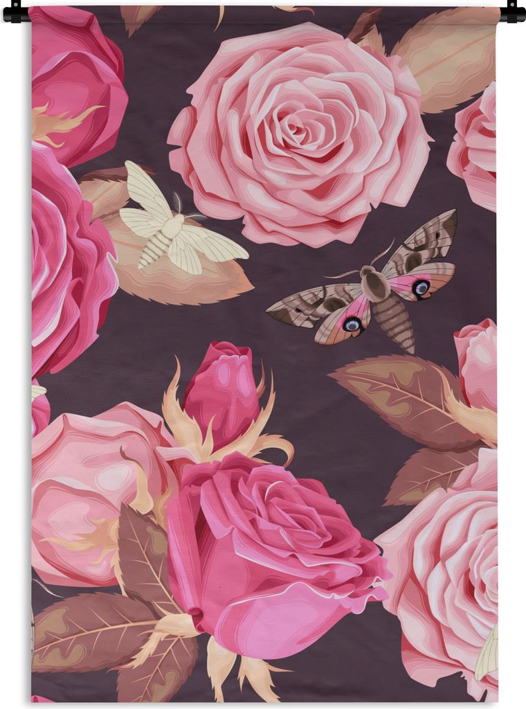 MuchoWow Wandteppich Wandbehang Natur - Rosen - Schmetterlinge 60x90 cm Tapisserie Dekoration Wandtuch - Foto-Teppich - Abwaschbar