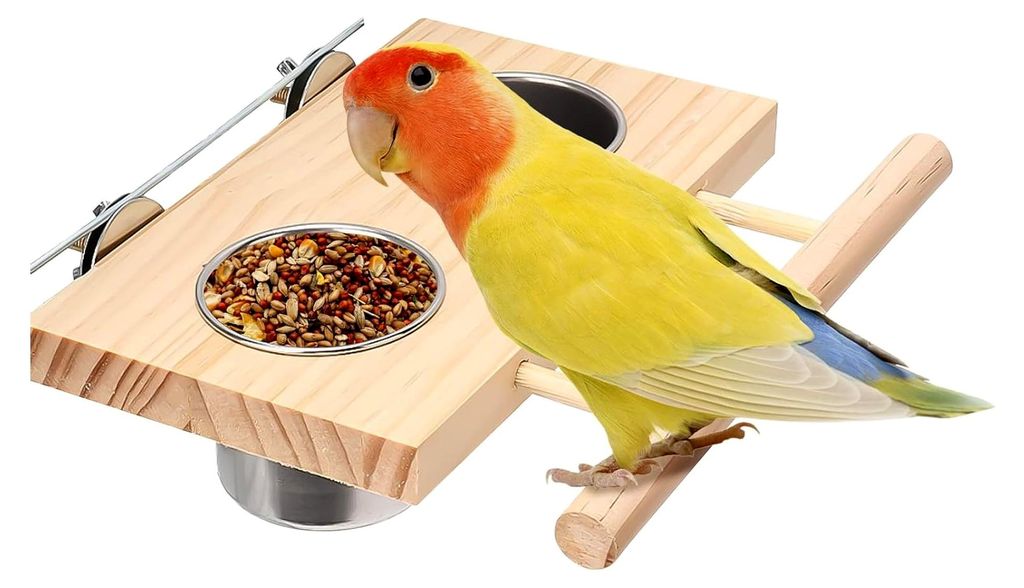 2 Stück Futternapf aus Edelstahl für Vögel mit Holz-Sitzstange, Hängender Futter- und Wasserspender für kleine und mittelgroße Wellensittiche...
