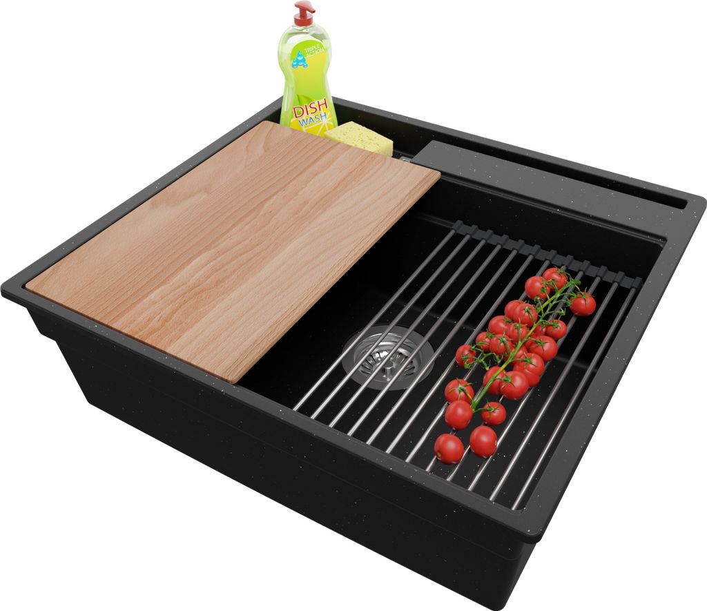 PRIMAGRAN Spülbecken Schwarz Metallic 58x53cm, Granitspüle 1 Becken + Ablauf-Set + Küchenzubehörset, Küchenspüle ab 60er Unterschrank - Oslo ...