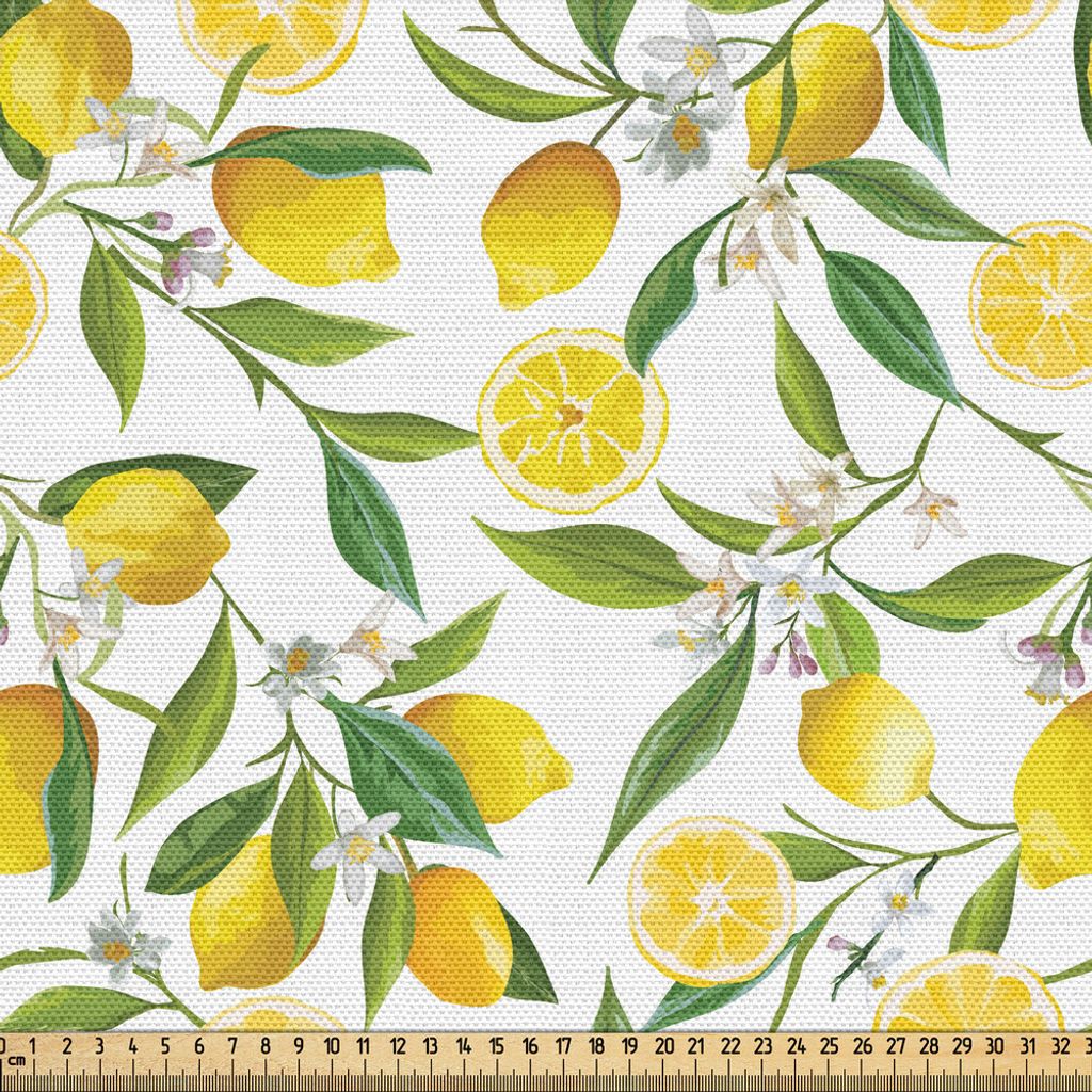 ABAKUHAUS Natur Gewebe als Meterware, Exotische Blüte Zitronen Baumzweige Lecker Küche Elemente Illustration, 2 M (148 x 200 cm), Grün Weiß Gelb