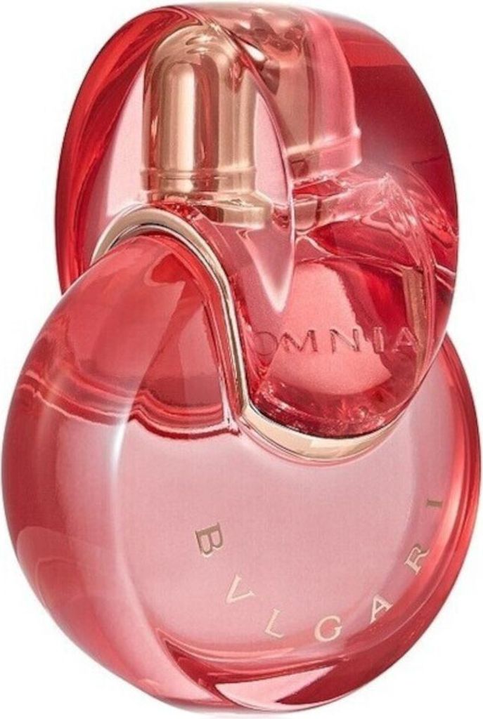 A close-up studio shot of a red Bulgari Omnia perfume bottle.