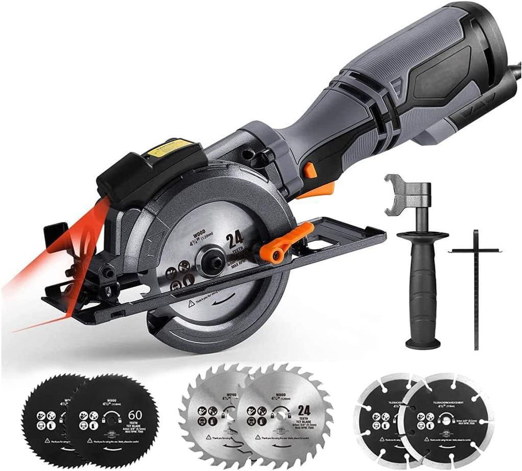 DOVAMAN Handkreissäge mit Laser, 710W 115mm, Metall-Zusatzgriff, 6 Sägeblätter, kabelgebunden