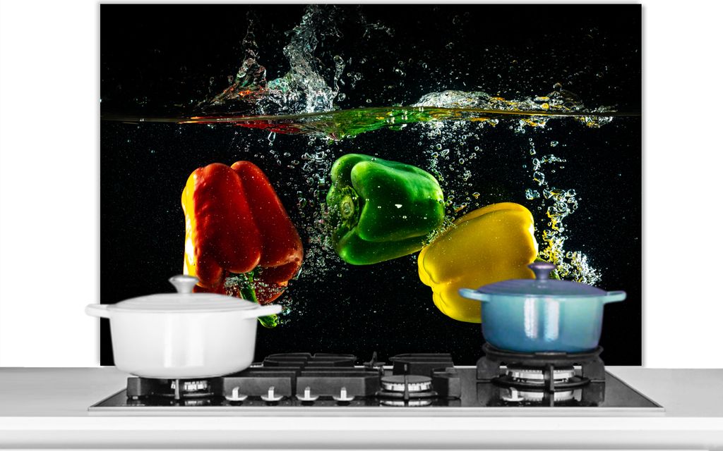 KitchenYeah Spritzschutz Küche - Küchenrückwand - Wandschutz für Herd und Spüle - Paprika - Gemüse - Wasser - Schwarz - Rot - Grün - Gelb ...