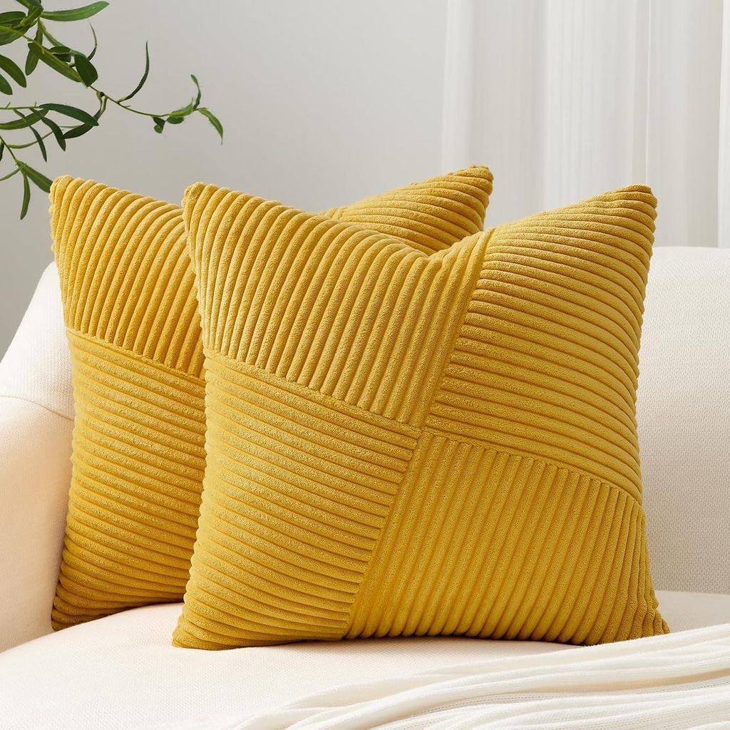 Set aus 2 Kissenbezügen 60x60 cm gelber Cord mit Streifenmuster und Patchwork-Design, dekorative Kissen für Sofa, Wohnzimmer, Schlafzimmer und Lo...