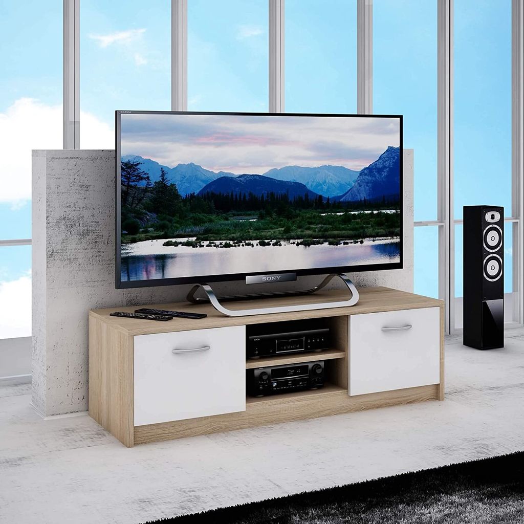 MATKAM Fernsehkommode 2DC H 36 x B 120 x T 41 cm, laminierte Möbelplatte 16 mm, zwei Ablagen mit Türen links und rechts (Sonoma Eiche – weiß)
