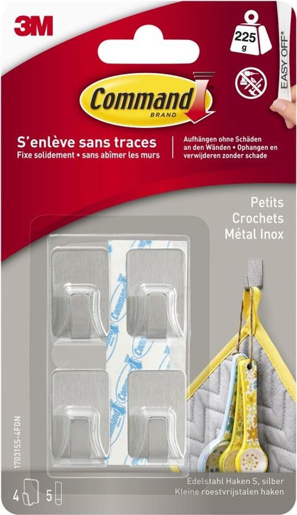 Command Edelstahl-Metallhaken Größe S, 17031SS-4ES, 4 Haken, 5 Strips | Packung (1 Stück)