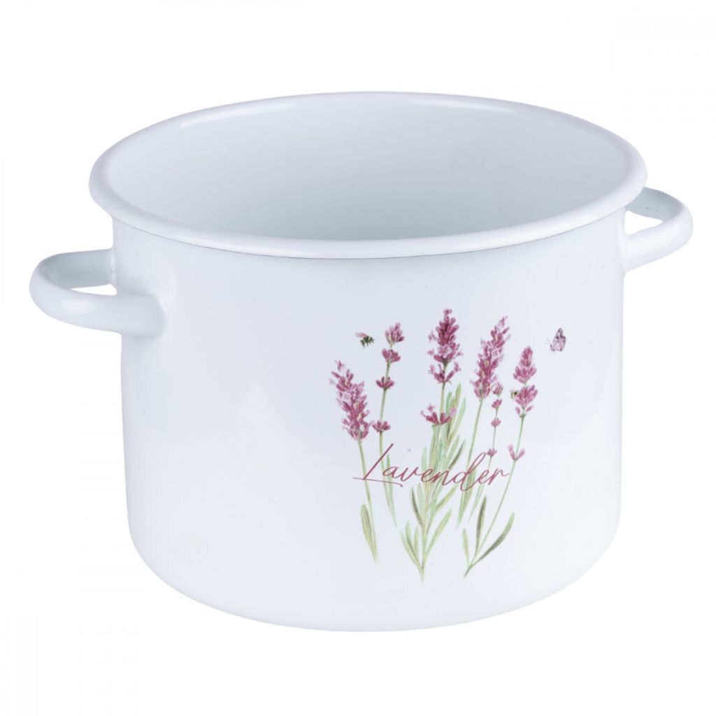A white enamel pot with a lavender design and the word 'Lavender' written on it.