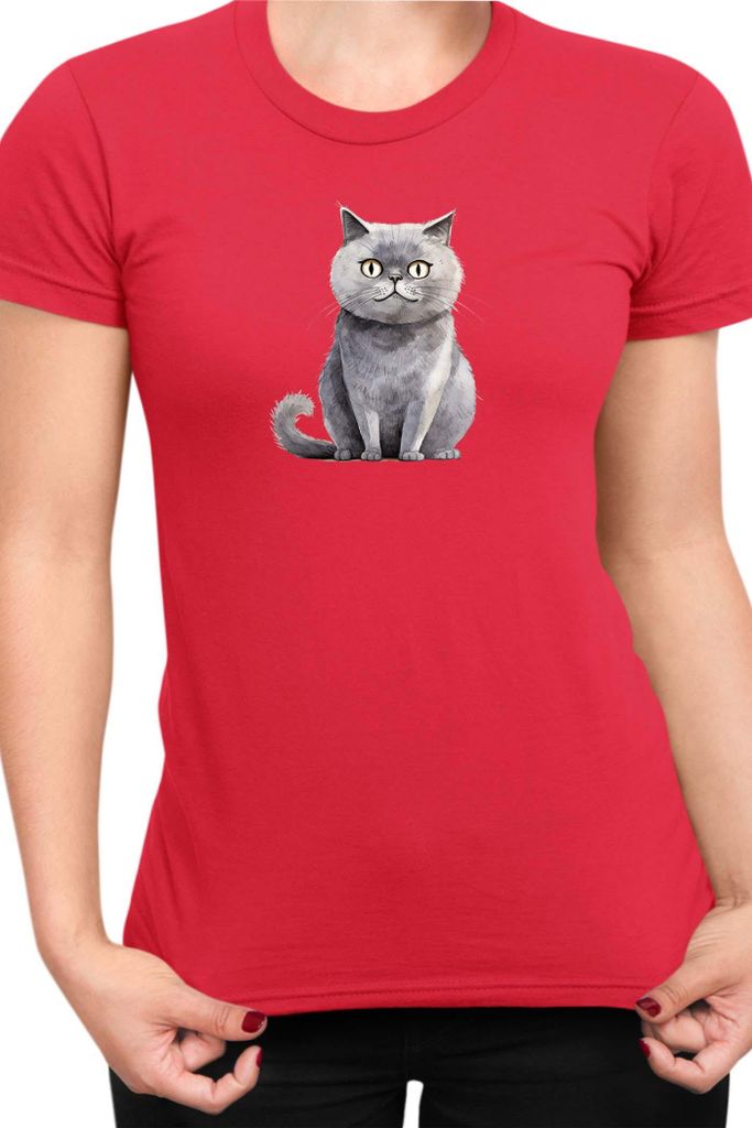 Damen T-Shirt Funny Cats Breeds Scottish Straight Cat, Lady L / Rot