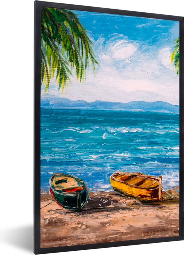 MuchoWow Gerahmtes Poster Gemälde - Öl auf Leinwand - Strand - Palme - Boot 40x60 cm - Poster mit Schwarzem Bilderrahmen Wandposter Rahmen Foto...