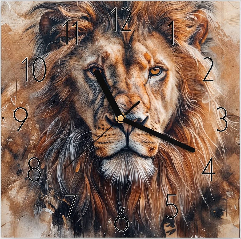 Wanduhr aus Glas mit Motiv Löwe Porträt- 30 x 30 cm - inkl. Aufhängesystem