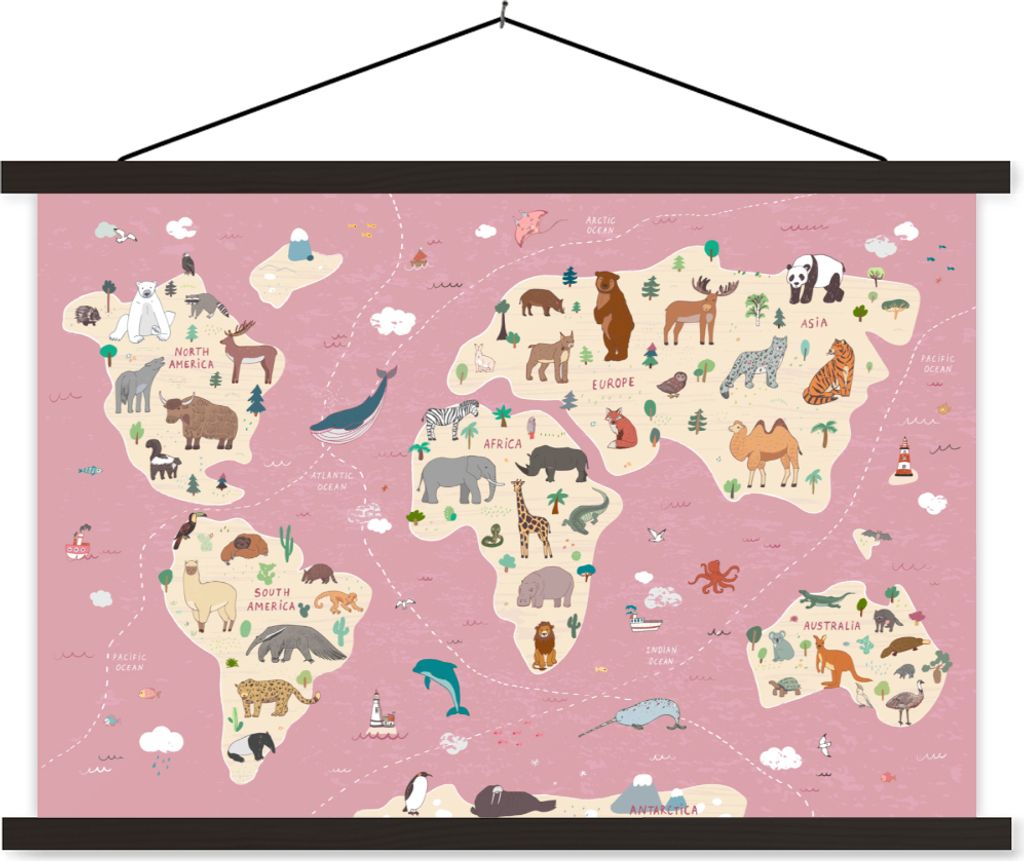 MuchoWow Textilposter Weltkarte Kinder - Tiere - Erde - Jungen - Mädchen - Rosa 120x80 cm mit schwarzem Rahmen - Wanddeko