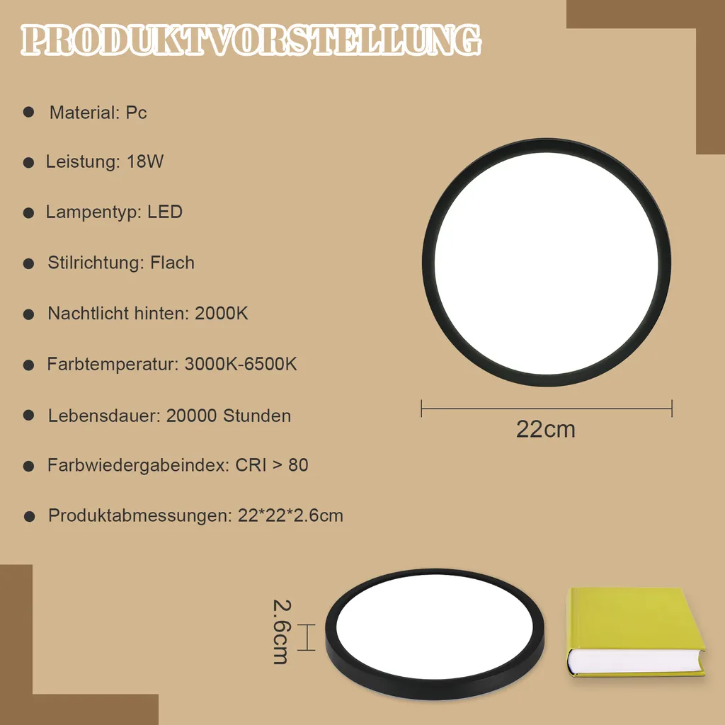 Plafoniera LED ZMH 18W Nera 22cm: Lampada Soffitto IP44 Bagno e Cucina