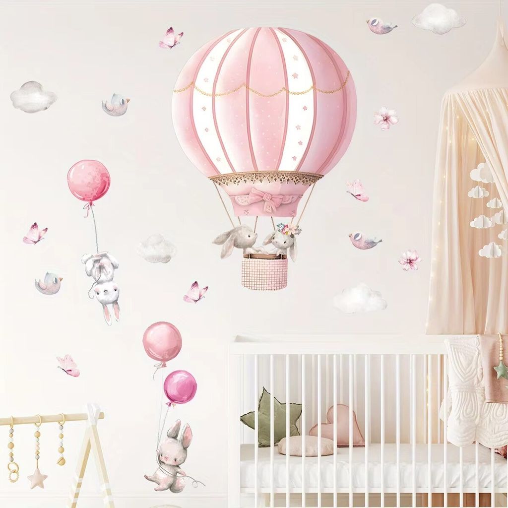 Wandsticker Kinder, Wandtattoo mit Niedliche Kaninchen-Rosa-Ballon-Wolken (Wandaufkleber Dekoration für Kinderzimmer, Mädchenzimmer, Kindergarten