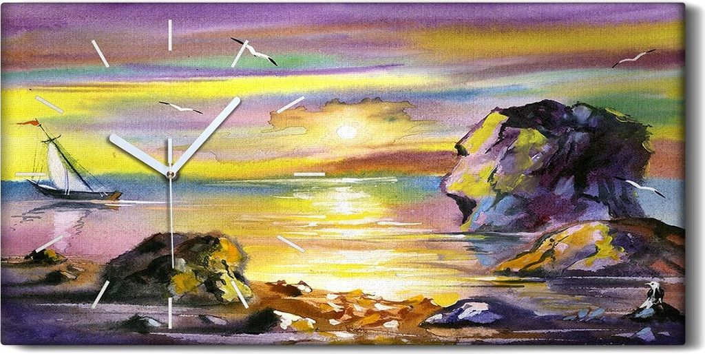 Leinwand Wanduhr Wandkunst Uhr Quarz 60x30 Landschaft mit Meer Wasserfarben - weiße Hände