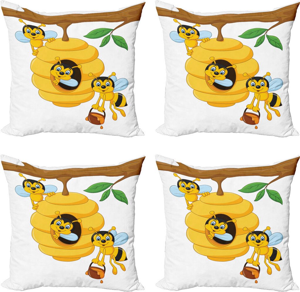 ABAKUHAUS Kindergarten Kissenbezug Set (4 Stück), Baum mit Beehive Honig, Moderner Doppelseitiger Digitaldruck, 45 cm x 45 cm, Gelb, Braun, Grün
