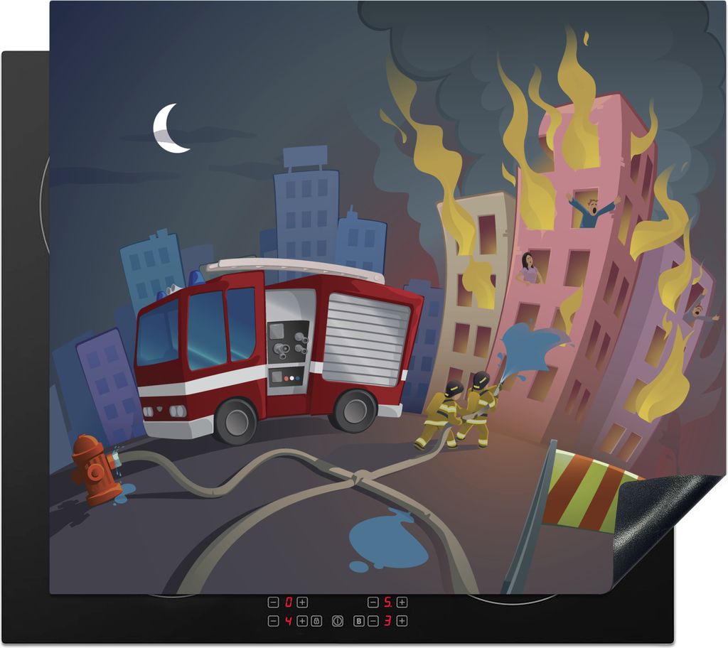 KitchenYeah Herdabdeckplatte Kinderillustration der Feuerwehr bei brennenden Gebäuden , 59x51cm, Küche Deko, Glaskeramikfeld Herdabdeckung, Abd...