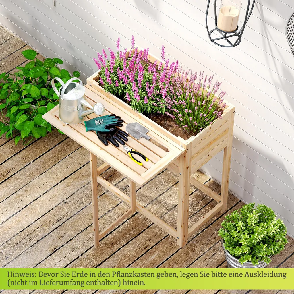 COSTWAY Bac à Fleurs Surélevé en Sapin avec Tablette Rabattable 63cm - 2