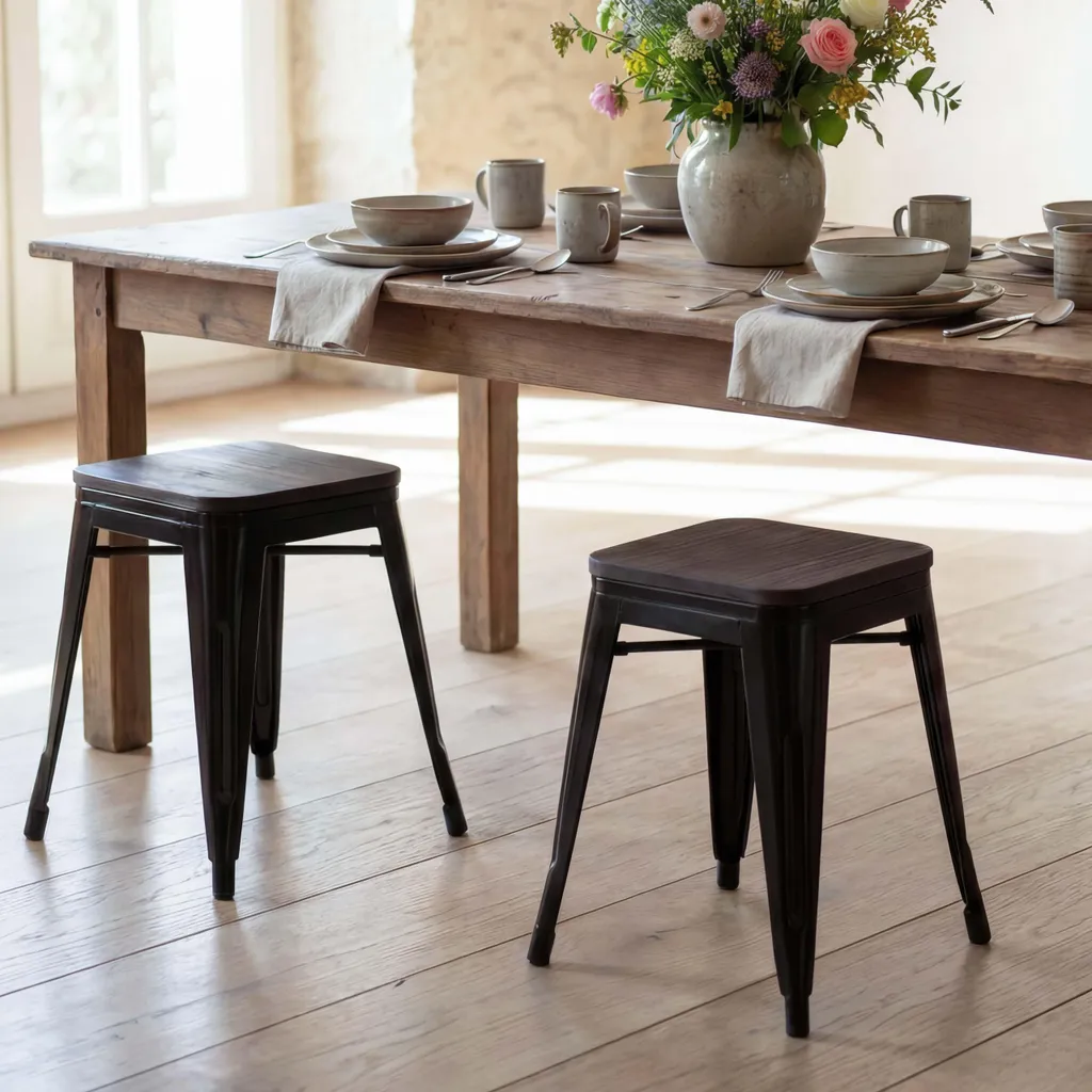 Set 2 Sgabelli Bar Impilabili HWC-A73 Metallo Nero e Legno