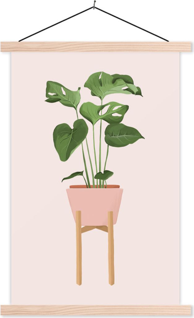 MuchoWow Textilposter Pflanzen - Monstera - Pastell 40x60 cm mit holzfarbenen Rahmen - Poster